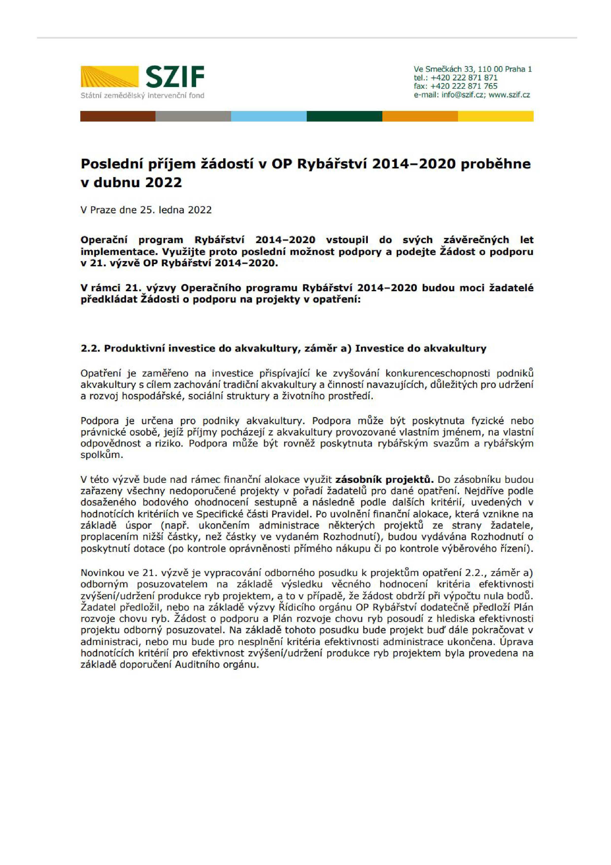 Poslední příjem žádostí v OP Rybářství 2014–2020 proběhne v dubnu 2022